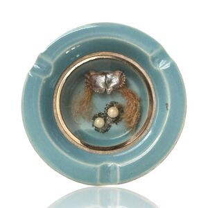 Vintage Asahi Shoten Blue Ceramic Ashtray with Pearls & Shell Diorama